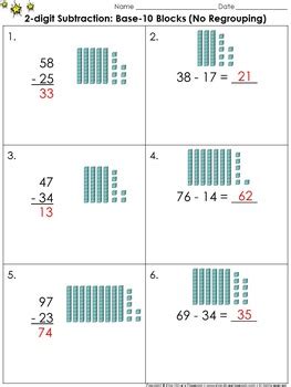 2 digit subtraction use base 10 blocks no regrouping practice sheets