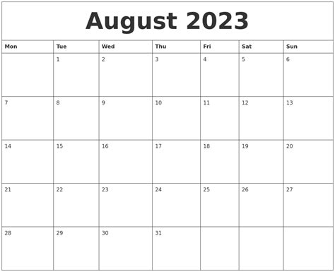 August 2023 Calendar Month