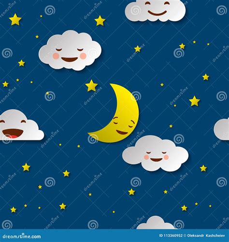 Cute Sky Pattern Seamless Vector Design With Smiling Sleeping Moon