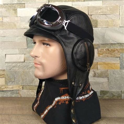 Leather Aviator Hat Black Pilot Cap Helmet Style Ww2 Goggles Steampunk
