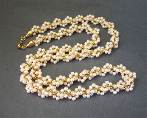 Vintage Pearl Cluster Twist Gold Tone Rope Necklace Inch Long Small
