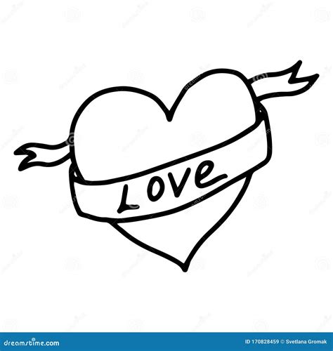 Heart With A Ribbon And The Inscription Love Hand Drawn Line Drawing