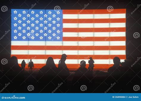 People In Front Of An American Flag Stock Photo Image Of City