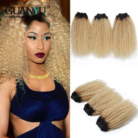 Guanyuhair Indian Ombre Blonde Kinky Curly Hair Bundles With A Free Lace Closure X Bundles