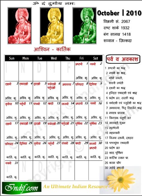 Octoberr 2010 Indian Calendar Hindu Calendar