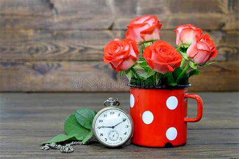 Happy Anniversary Card With Red Roses And Pocket Watch Stock Image