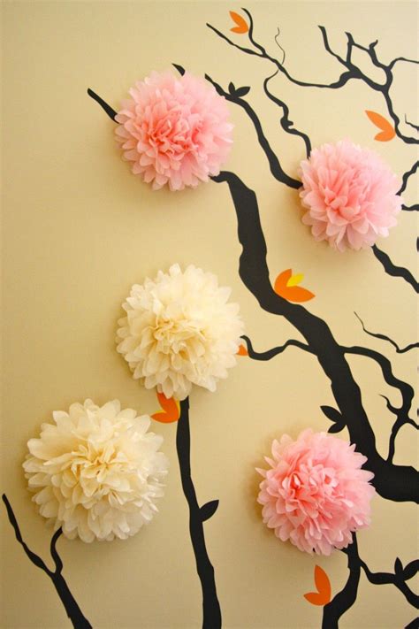 Paper flower decorations for wall, ( gold,pink,white, 6pcs) large handcrafted crepe paper flowers wall decor for birthday wedding backdrop baby nursery wall decor baby showers bridal shower. Apartment. Cool 3d Wall Murals to Get Fresh Home Nuance: Cool Flower Cherry Blossom 3d Wall ...