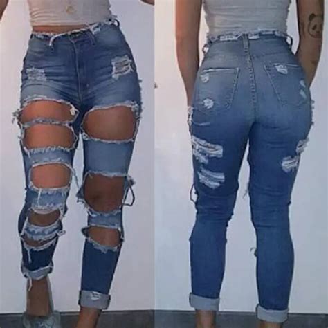 women fashion holes pencil jeans stretch ripped lady high waist denim pants hollow out skinny