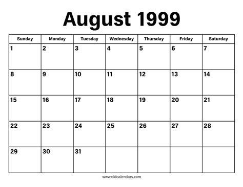 This article exemplifies the aafp 1999 annual clinical focus on management and prevention of the complications of diabetes. August 1999 Calendar - Old Calendars