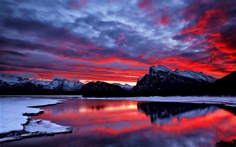 Red Sky Clouds Glow Sunset Mountain Lake Snow Winter Hd