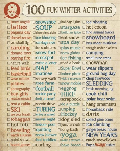 100 Fun Things To Do In Winter Fun Ideas Wintertime Checklist Fun Winter Activities