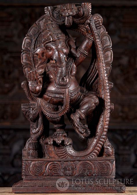 Sold Wood Sculpted Hindu God Ganesh Dancing On Kaliya The Serpent