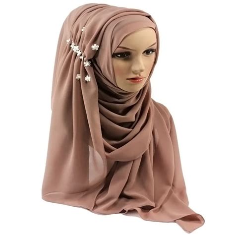 chiffon scarf hijab elegant flower and pearls lovely new fashion 180 70cm solid party hijab shawl