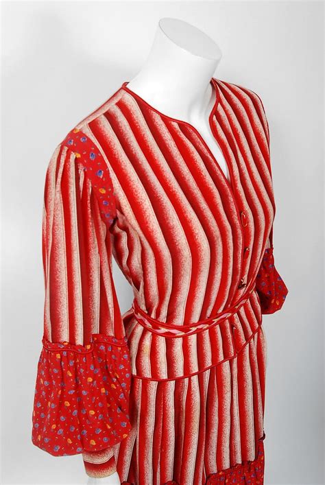 Vintage 1977 Emanuel Ungaro Haute Couture Red Floral Stripe Silk Blouse
