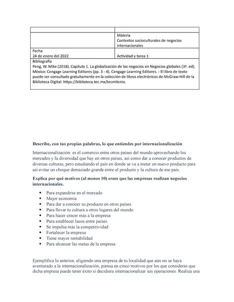 Contextos Socioculturales De Negocios Internacionales Actividad 1