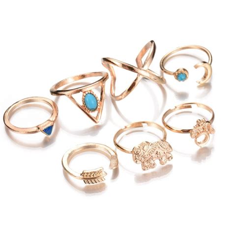Fashion Women Jewelry Accessories 7 Pcs Ring Set Elephant Triangle Gold