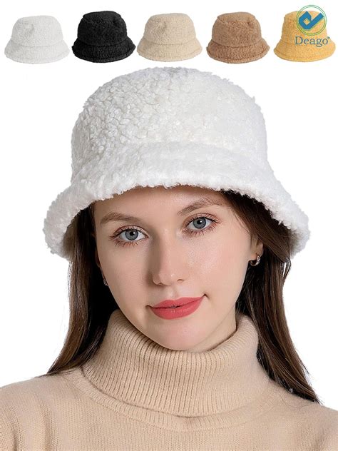 Black 2 Pieces Women Winter Plush Bucket Hats Vintage Smile Cloche Hats Warm Faux Fur Wool