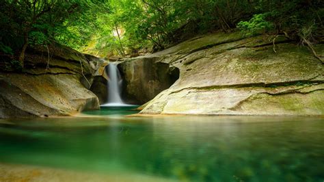 Download Wallpaper 1920x1080 Waterfall Cliff Stone Water Trees Forest Full Hd Hdtv Fhd