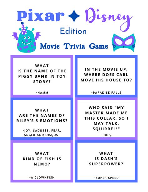FREE Disney Pixar Trivia Game Printable Disney Trivia Questions Disney Games Trivia Games
