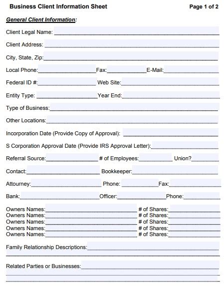 Client Information Sheet Templates Word Pdf Templatedata