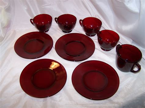 Ruby Red Depression Glass Plates Cups Sugar Bowl