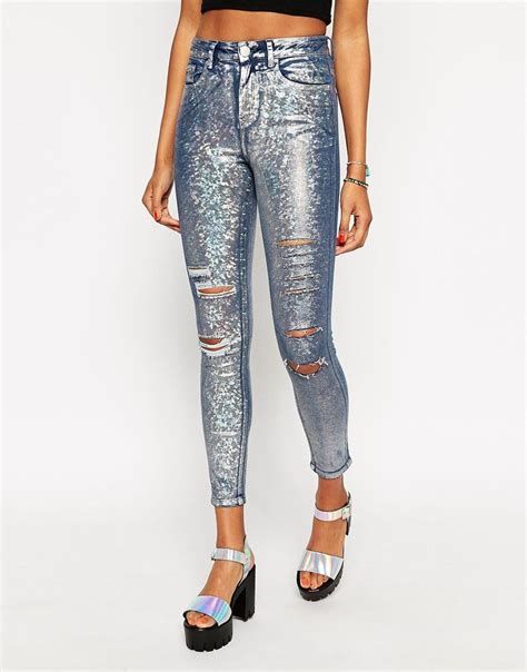 Asos Ridley High Waist Ultra Skinny Ankle Grazer Jeans In Holographic