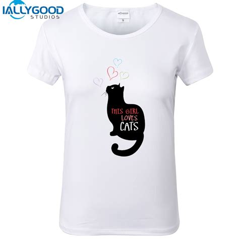 Summer Cute Black Cat T Shirt Women Funny This Girl Loves Cats Letter Printed T Shirts Soft