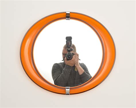 70s Bathroom Mirror Oval Amber Plastic Frame Minimalist Modernist