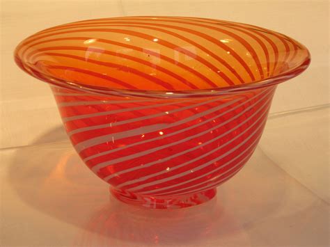Hand Blown Red Glass Bowl With White Swirling Stripes Etsy Glass Bowl Hand Blown Glass