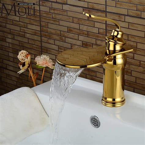 Luxury Waterfall Gold Bathroom Sink Faucet Hot And Cold Water Mixer Tap Copper Basin Sink