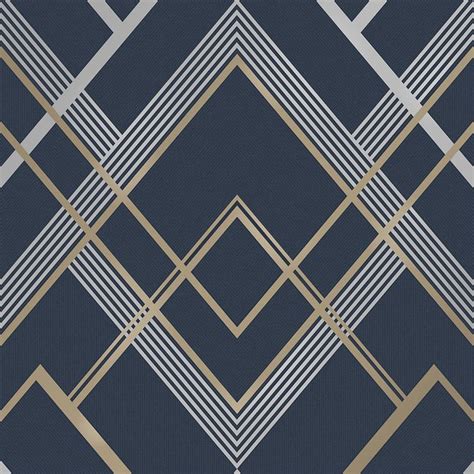 Fine Décor Flemming Gold And Navy Geometric Metallic Wallpaper Blue