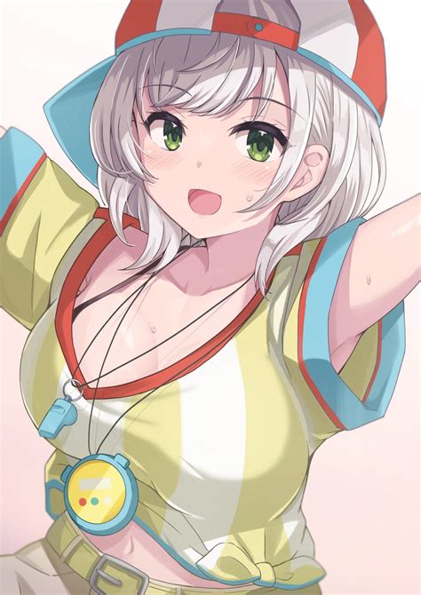 Shirogane Noel 1girl Breasts Green Eyes Solo Shirt Hat Whistle Illustration Images