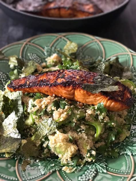 Miso Glazed Salmon With Quinoa Salad And Toasted Nori Leaves Miso