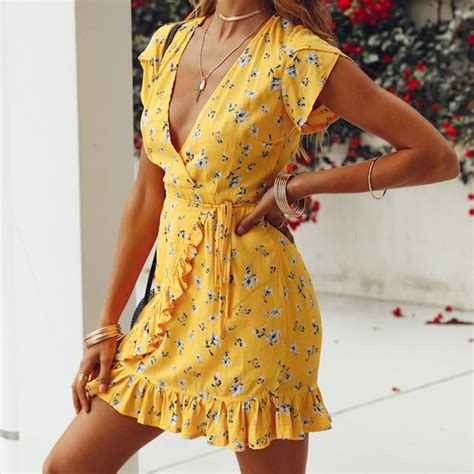 Deep V Neck Summer Mini Dress 2018 Yellow Flower Print Women Short