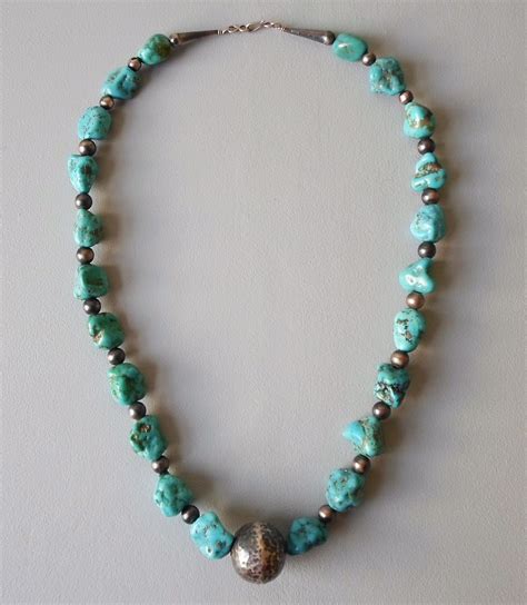 Native American Turquoise Nugget Silver Bead Necklace Private