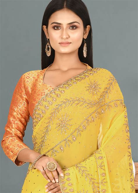Yellow Embroidered Georgette Saree With Blouse 3058sr40
