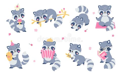 Cute Flat Cartoon Raccoon Set Raccoons Various Poses Funny Animal