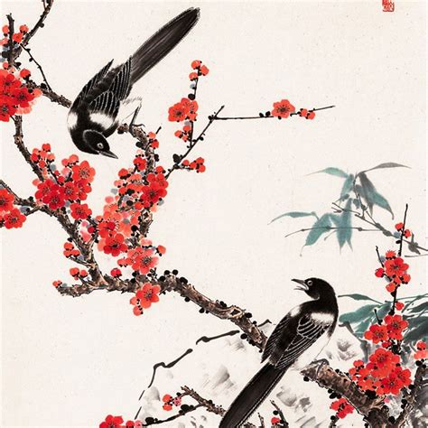 웃 유chinois Soie Aquarelle Fleur Et Oiseau Prune Bambou Chanceux Magpie