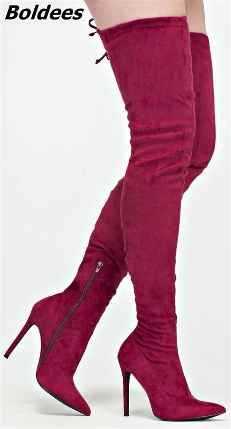 Botas Por Encima De La Rodilla Para Mujer Zapatos Elegantes De Ante Rojo Sexys Ajustados