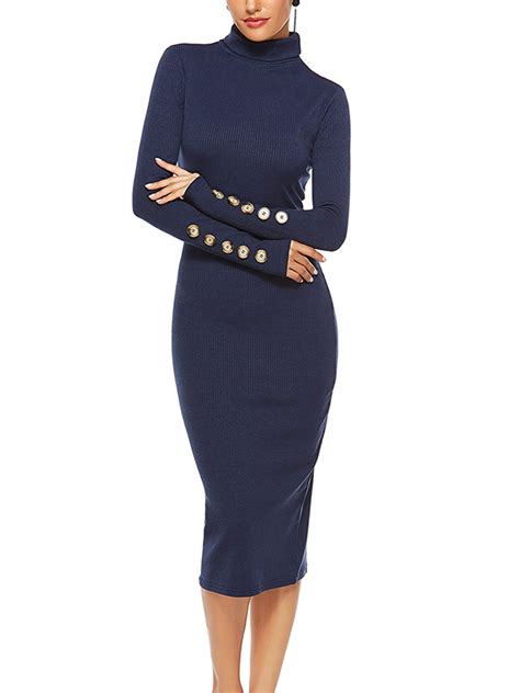 Wodstyle Womens Turtleneck Plus Size Knitted Long Sleeve Bodycon Party Formal Midi Dress