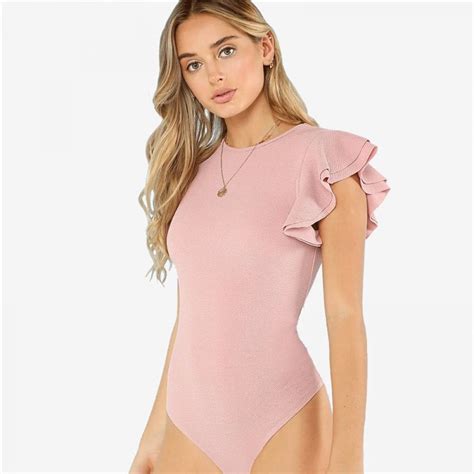 Pink Solid Layered Ruffle Textured Elegant Bodysuit Women 2019 Summer Casual Short Sleeve Skinny