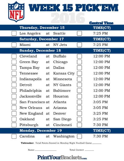 Nfl Week 15 Printable Schedule Customize And Print
