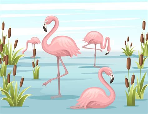 Premium Vector Group Of Pink Flamingo Standing In Water Lake Illustration