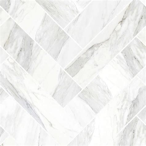 Carrara Marble Herringbone Tiles White Joints Washable Self Adhesive