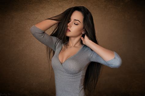 Women Face Long Hair Closed Eyes Ekaterina Kononova Dmitry Shulgin Simple Background