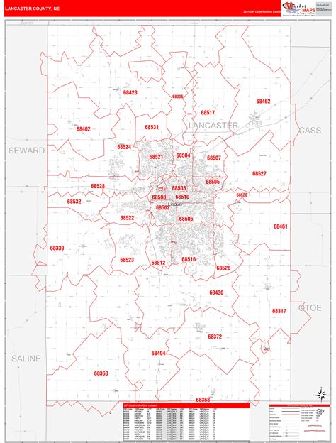Lancaster County Ne Zip Code Wall Map Red Line Style By Marketmaps Mapsales