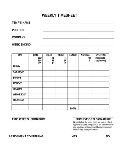 Printable Time Sheet Weekly