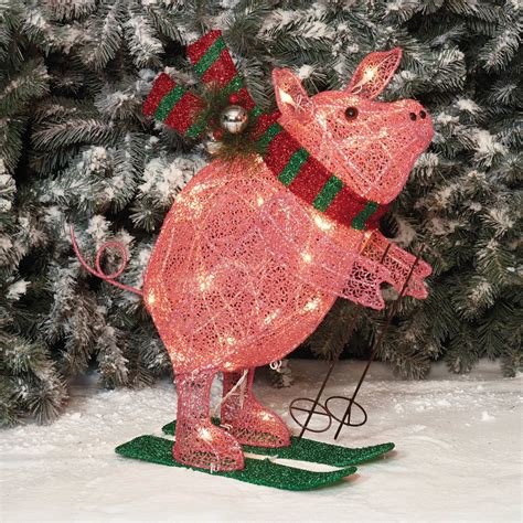 Holiday Time Christmas Decor 22 Glittering Mesh Skiing Pig Sculpture