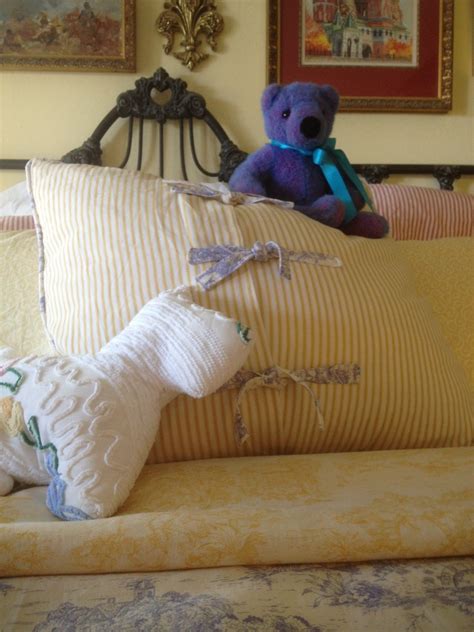 26'' h x 26'' w. Reversible yellow ticking pillow shams matching reversible lavender toile / yellow toile duvet ...