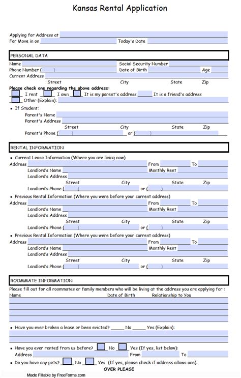 Free Kansas Residential Rental Application Form Pdf